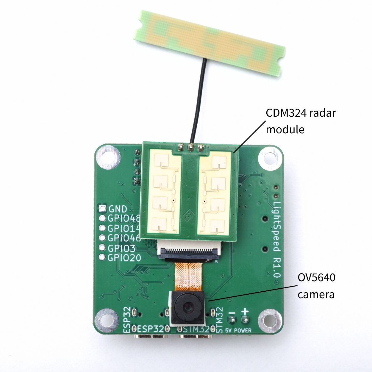MiniSpeedCam board with the CDM324 radar module and OV5640 camera labelled